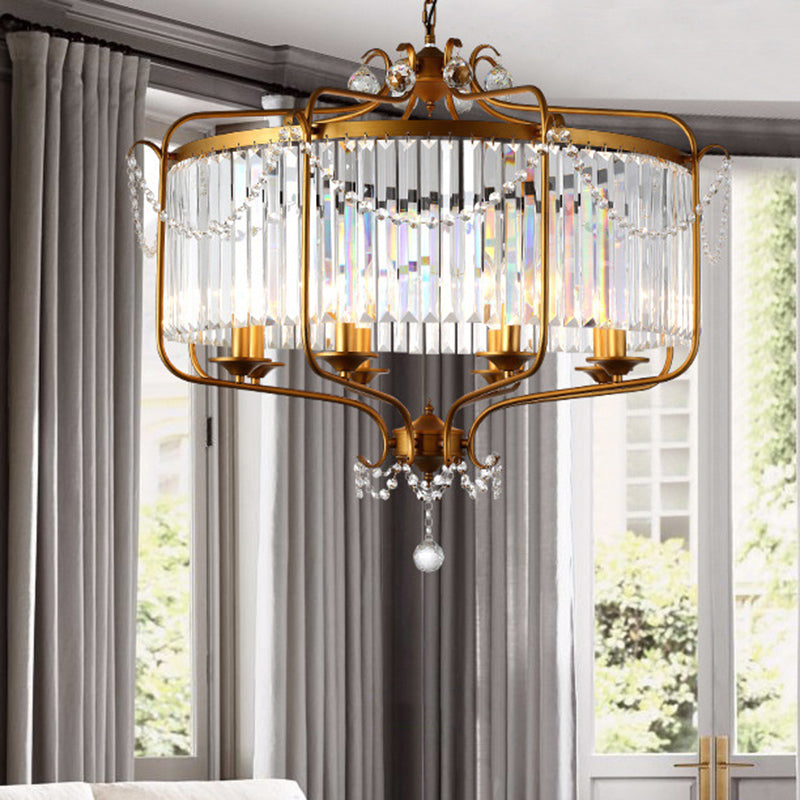 Faceted Crystal Chandelier Lamp Round Countryside Pendant Light Kit with Wire Cage for Living Room - 5/8 Lights, Taavita, Traditional Style, Clear Crystal Shade