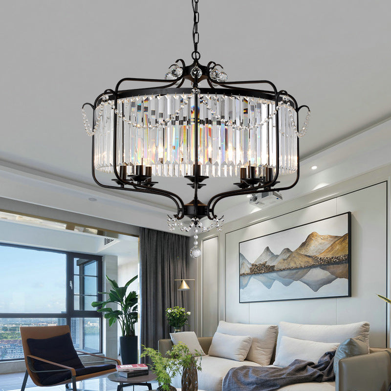 Faceted Crystal Chandelier Lamp Round Countryside Pendant Light Kit with Wire Cage for Living Room - 5/8 Lights, Taavita, Traditional Style, Clear Crystal Shade