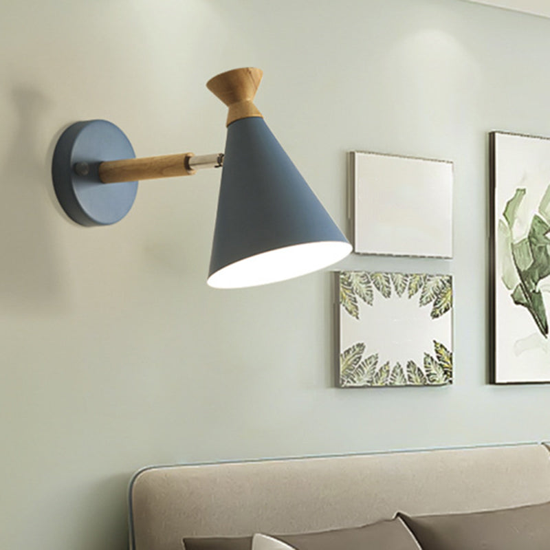 Iron Conical Wall Mounted Lamp Contemporary 1 Bulb Wall Lighting Ideas with Wood Top White Clearhalo 'Cast Iron' 'Glass' 'Industrial' 'Modern wall lights' 'Modern' 'Tiffany' 'Traditional wall lights' 'Wall Lamps & Sconces' 'Wall Lights' Lighting' 2024532