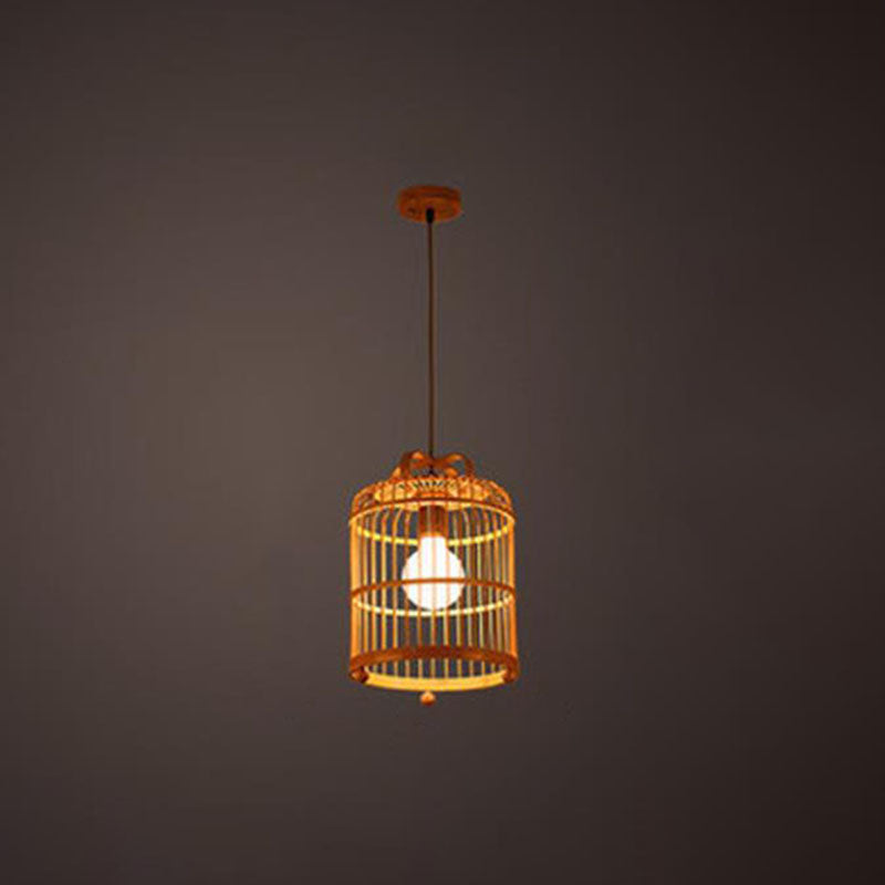 Handcrafted Bird Cage - Pendant Light Made of Lightweight Taavita Bamboo 1 Lamp Wood - Hanging Light Shade