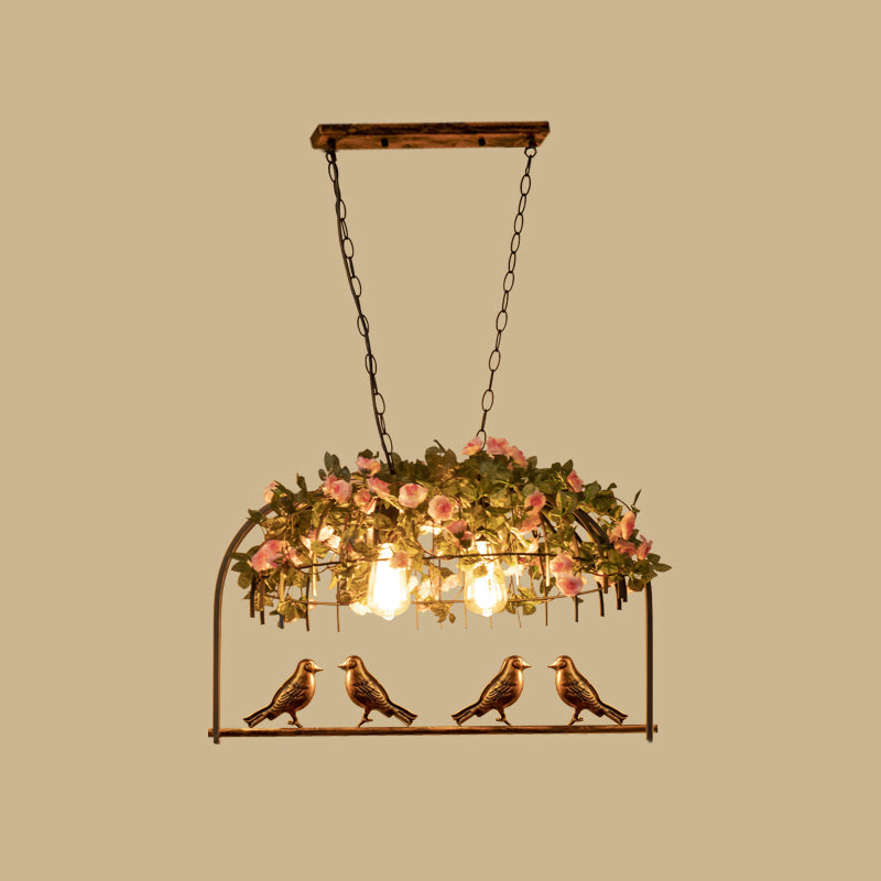 Bird Cage Iron Hanging Light Vintage Restaurant Island Pendant Light with Decorative Plant 2 Black Clearhalo 'Ceiling Lights' 'Island Lights' Lighting' 2063990