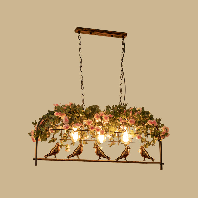 Bird Cage Iron Hanging Light Vintage Restaurant Island Pendant Light with Decorative Plant 3 Black Clearhalo 'Ceiling Lights' 'Island Lights' Lighting' 2063992