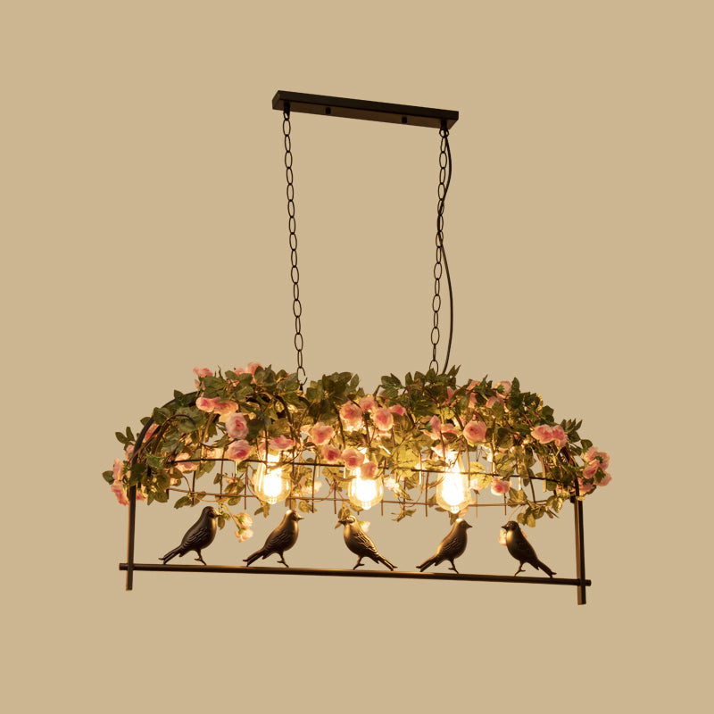 Bird Cage Iron Hanging Light Vintage Restaurant Island Pendant Light with Decorative Plant 4 Black Clearhalo 'Ceiling Lights' 'Island Lights' Lighting' 2063993