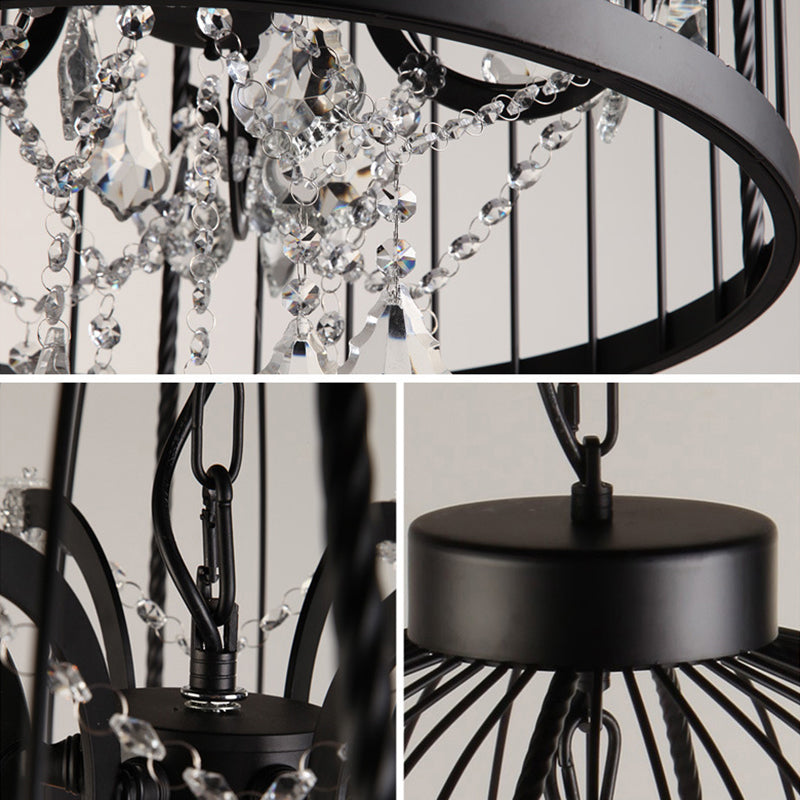 Taavita Style Birdcage Chandelier Lamp Metal Pendant Light with Clear Crystal Drapes