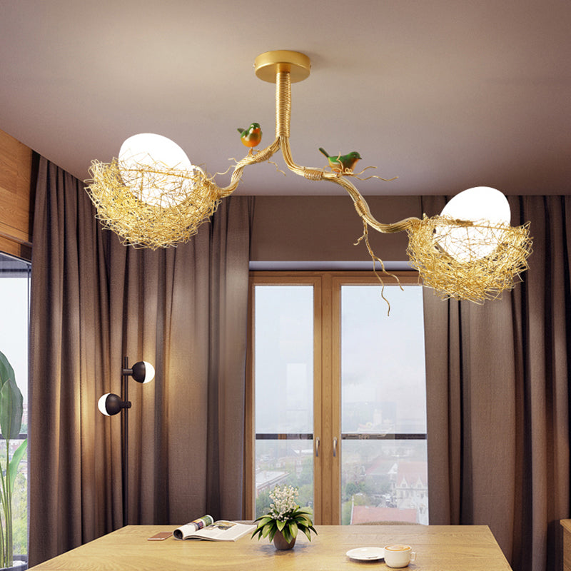 Taavita White Glass Ball Chandelier Pendant 1/2/3-Light Golden Hanging Lamp with Birds and Hand-Sewn Aluminum Nest - Art Deco Style with Metal Material and White Shade, Suitable for LED/Incandescent/Fluorescent Lighting, 220V-240V or 110V-120V.