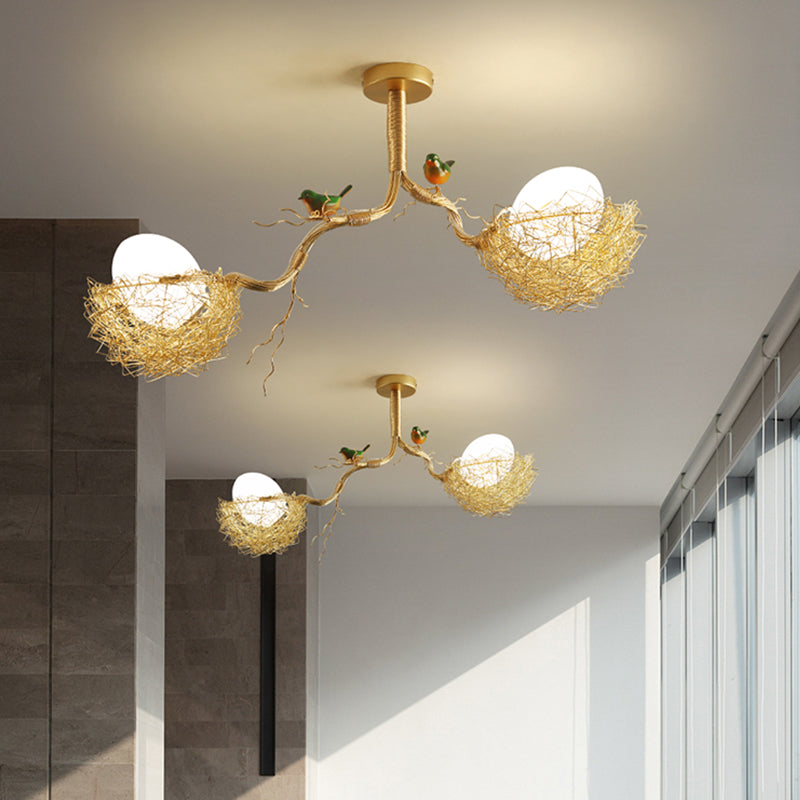 Taavita White Glass Ball Chandelier Pendant 1/2/3-Light Golden Hanging Lamp with Birds and Hand-Sewn Aluminum Nest - Art Deco Style with Metal Material and White Shade, Suitable for LED/Incandescent/Fluorescent Lighting, 220V-240V or 110V-120V.