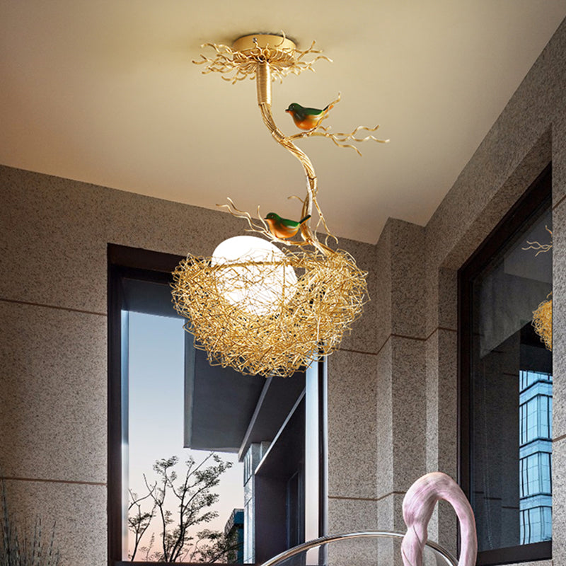 Taavita White Glass Ball Chandelier Pendant 1/2/3-Light Golden Hanging Lamp with Birds and Hand-Sewn Aluminum Nest - Art Deco Style with Metal Material and White Shade, Suitable for LED/Incandescent/Fluorescent Lighting, 220V-240V or 110V-120V.