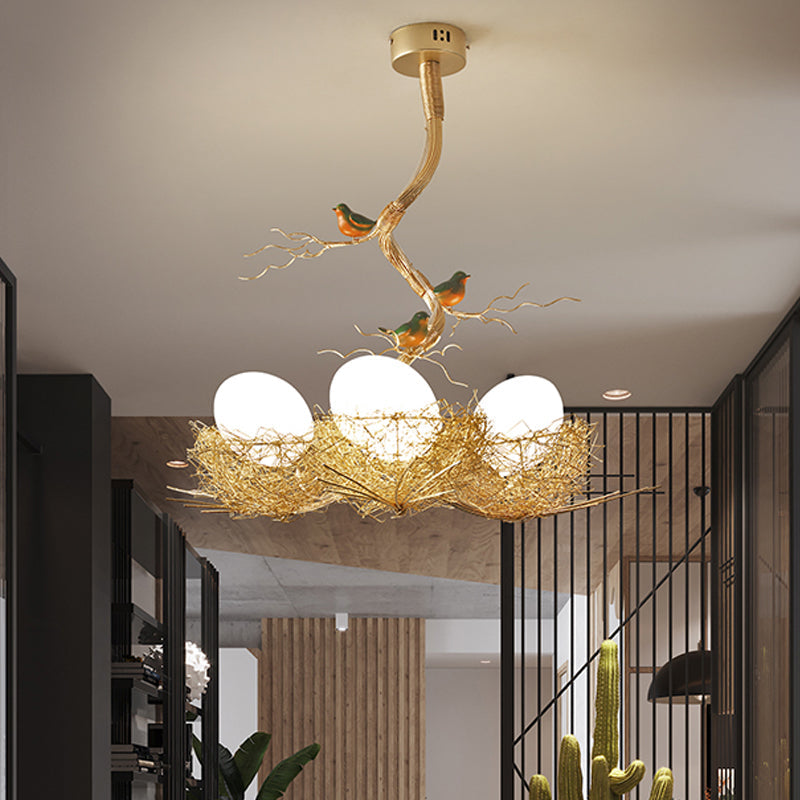 Taavita White Glass Ball Chandelier Pendant 1/2/3-Light Golden Hanging Lamp with Birds and Hand-Sewn Aluminum Nest - Art Deco Style with Metal Material and White Shade, Suitable for LED/Incandescent/Fluorescent Lighting, 220V-240V or 110V-120V.