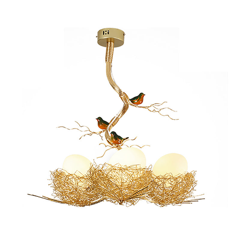 Taavita White Glass Ball Chandelier Pendant 1/2/3-Light Golden Hanging Lamp with Birds and Hand-Sewn Aluminum Nest - Art Deco Style with Metal Material and White Shade, Suitable for LED/Incandescent/Fluorescent Lighting, 220V-240V or 110V-120V.