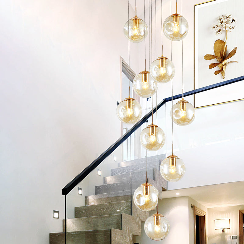 Handblown Glass Ball Multi Light Pendant Modern Cognac Hanging Lighting for Staircase 10 Cognac Clearhalo 'Ceiling Lights' 'Glass shade' 'Glass' 'Modern Pendants' 'Modern' 'Pendant Lights' 'Pendants' Lighting' 2197502