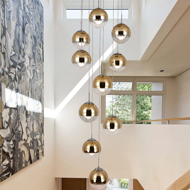 Mirrored Glass Round Shade Suspension Light Simplicity 10 Heads Multi Light Pendant Gold Clearhalo 'Ceiling Lights' 'Glass shade' 'Glass' 'Modern Pendants' 'Modern' 'Pendant Lights' 'Pendants' Lighting' 2197539