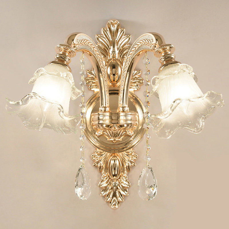 Gold Floral Wall Lamp Retro Style Frosted Glass Living Room Wall Light Fixture with Crystal Accent 2.0 Gold D Clearhalo 'Wall Lamps & Sconces' 'Wall Lights' Lighting' 2198606