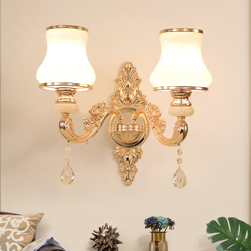 Gold Floral Wall Lamp Retro Style Frosted Glass Living Room Wall Light Fixture with Crystal Accent 2.0 Gold B Clearhalo 'Wall Lamps & Sconces' 'Wall Lights' Lighting' 2198611