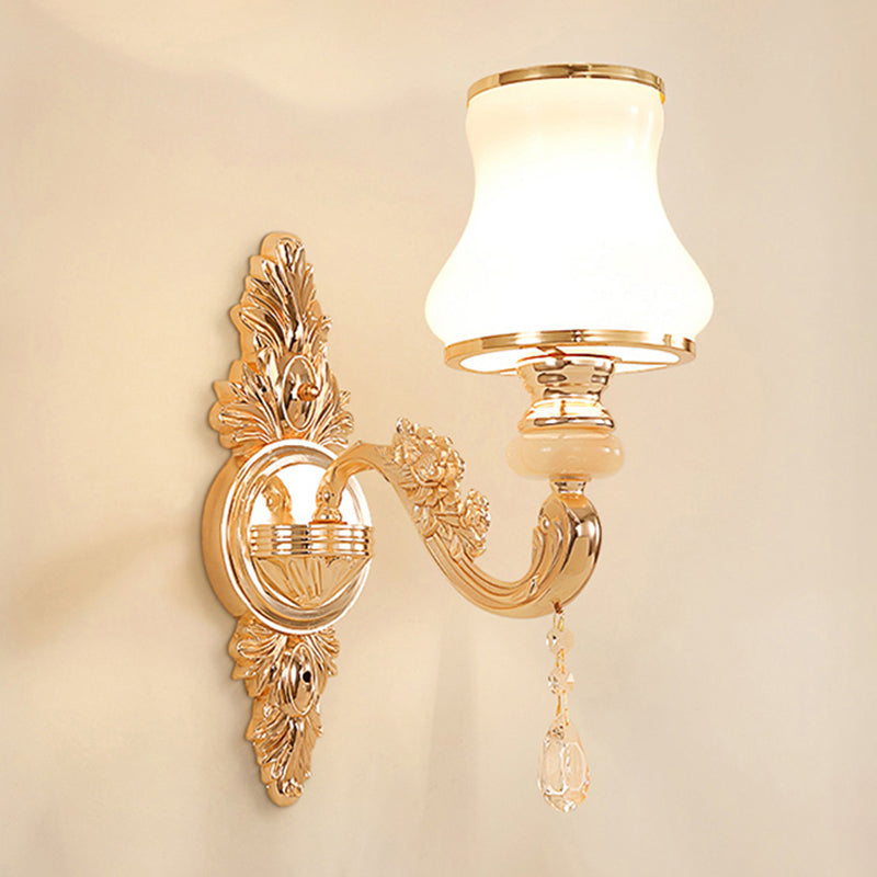 Gold Floral Wall Lamp Retro Style Frosted Glass Living Room Wall Light Fixture with Crystal Accent 1.0 Gold B Clearhalo 'Wall Lamps & Sconces' 'Wall Lights' Lighting' 2198612