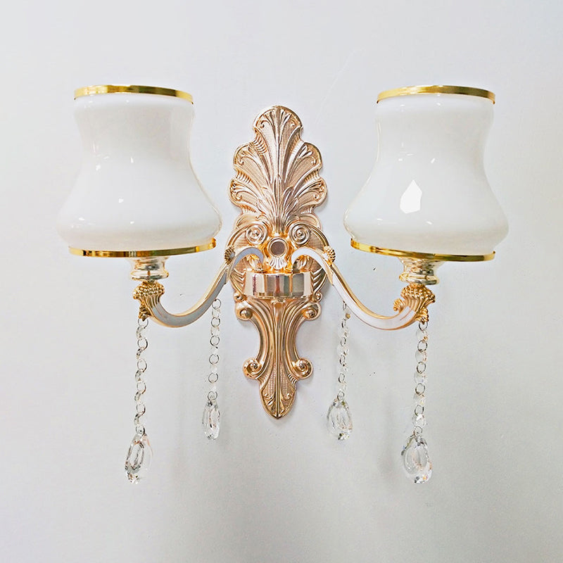 Gold Floral Wall Lamp Retro Style Frosted Glass Living Room Wall Light Fixture with Crystal Accent 1.0 Gold C Clearhalo 'Wall Lamps & Sconces' 'Wall Lights' Lighting' 2198604