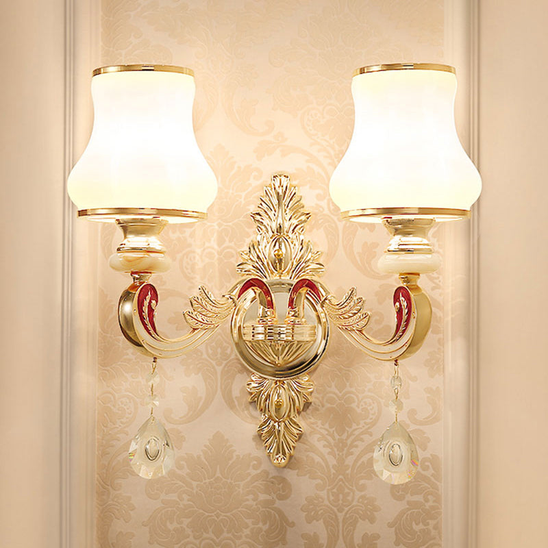 Gold Floral Wall Lamp Retro Style Frosted Glass Living Room Wall Light Fixture with Crystal Accent 2.0 Gold A Clearhalo 'Wall Lamps & Sconces' 'Wall Lights' Lighting' 2198609