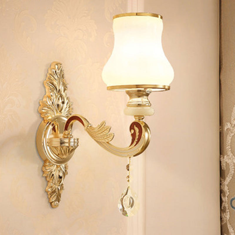 Gold Floral Wall Lamp Retro Style Frosted Glass Living Room Wall Light Fixture with Crystal Accent 1.0 Gold A Clearhalo 'Wall Lamps & Sconces' 'Wall Lights' Lighting' 2198610