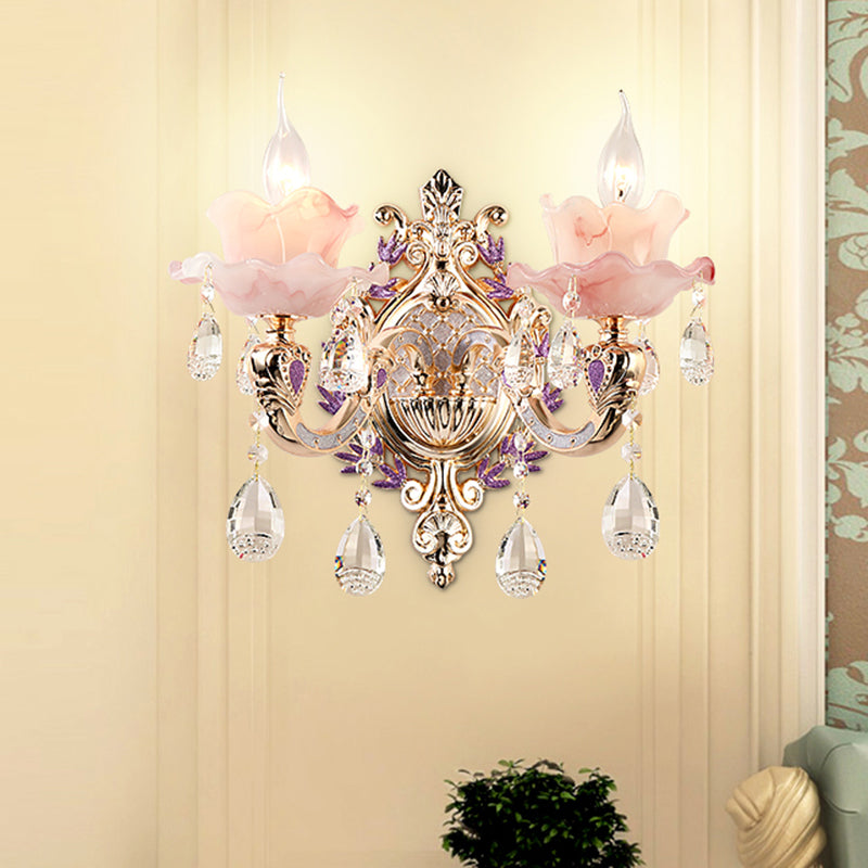 Taavita Ruffles Floral Chandelier Light Retro Opaque Glass Living Room Pendant Light with Hanging Crystal - Pink Color, 1-15 Lights, Traditional Style, Round Canopy Shape, E12/E14 Bulb Base, 110V-120V/220V-240V.