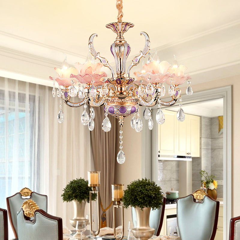 Taavita Ruffles Floral Chandelier Light Retro Opaque Glass Living Room Pendant Light with Hanging Crystal - Pink Color, 1-15 Lights, Traditional Style, Round Canopy Shape, E12/E14 Bulb Base, 110V-120V/220V-240V.