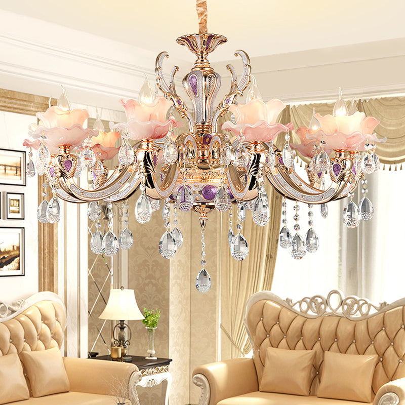 Taavita Ruffles Floral Chandelier Light Retro Opaque Glass Living Room Pendant Light with Hanging Crystal - Pink Color, 1-15 Lights, Traditional Style, Round Canopy Shape, E12/E14 Bulb Base, 110V-120V/220V-240V.