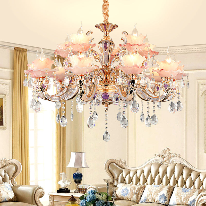 Taavita Ruffles Floral Chandelier Light Retro Opaque Glass Living Room Pendant Light with Hanging Crystal - Pink Color, 1-15 Lights, Traditional Style, Round Canopy Shape, E12/E14 Bulb Base, 110V-120V/220V-240V.