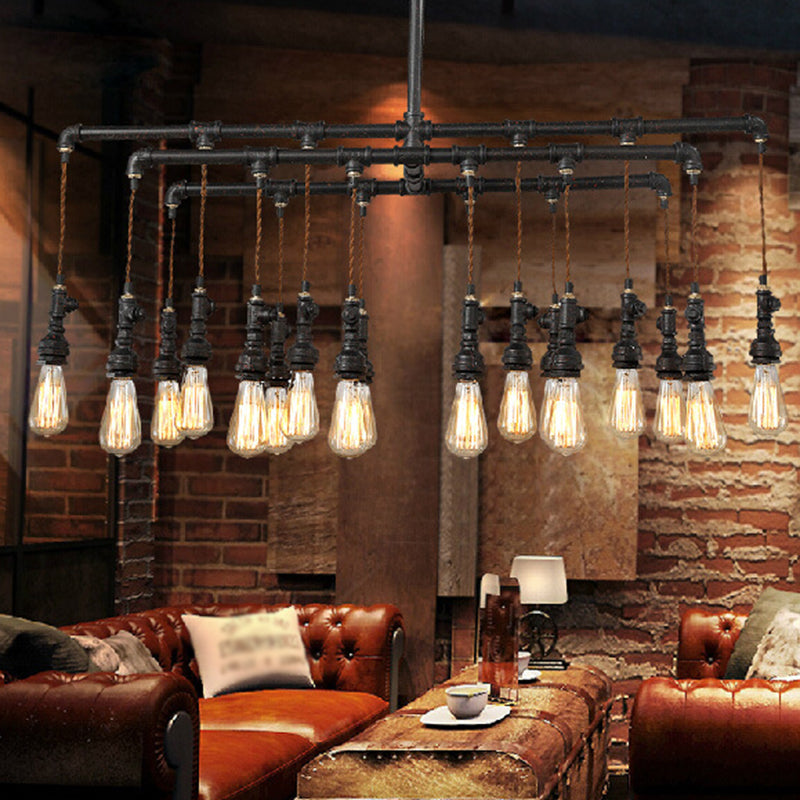 Industrial Plumbing Pipe LED Hanging Lamp Iron Island Chandelier Light in Black for Restaurant Clearhalo 'Ceiling Lights' 'Island Lights' Lighting' 2235644