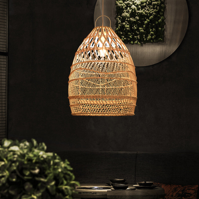 Taavita Style Elongated Rattan Suspension Lighting 1-Light Pendant Ceiling Light in Wood for Restaurants