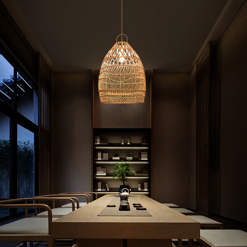 Taavita Style Elongated Rattan Suspension Lighting 1-Light Pendant Ceiling Light in Wood for Restaurants