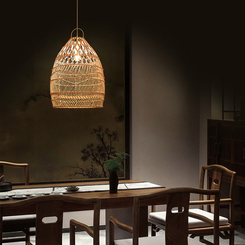 Taavita Style Elongated Rattan Suspension Lighting 1-Light Pendant Ceiling Light in Wood for Restaurants