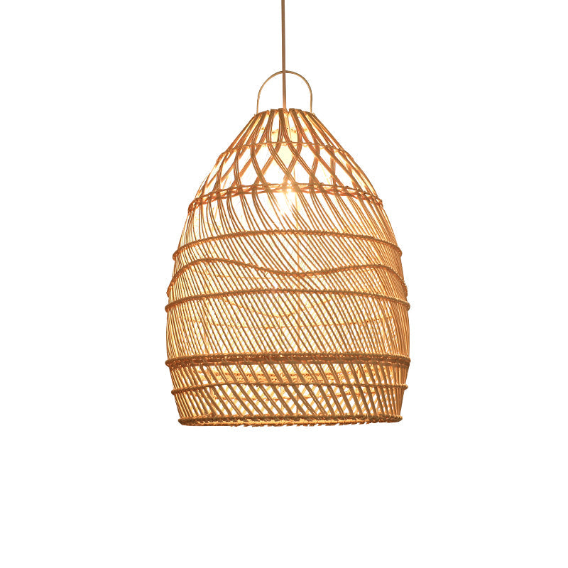 Taavita Style Elongated Rattan Suspension Lighting 1-Light Pendant Ceiling Light in Wood for Restaurants