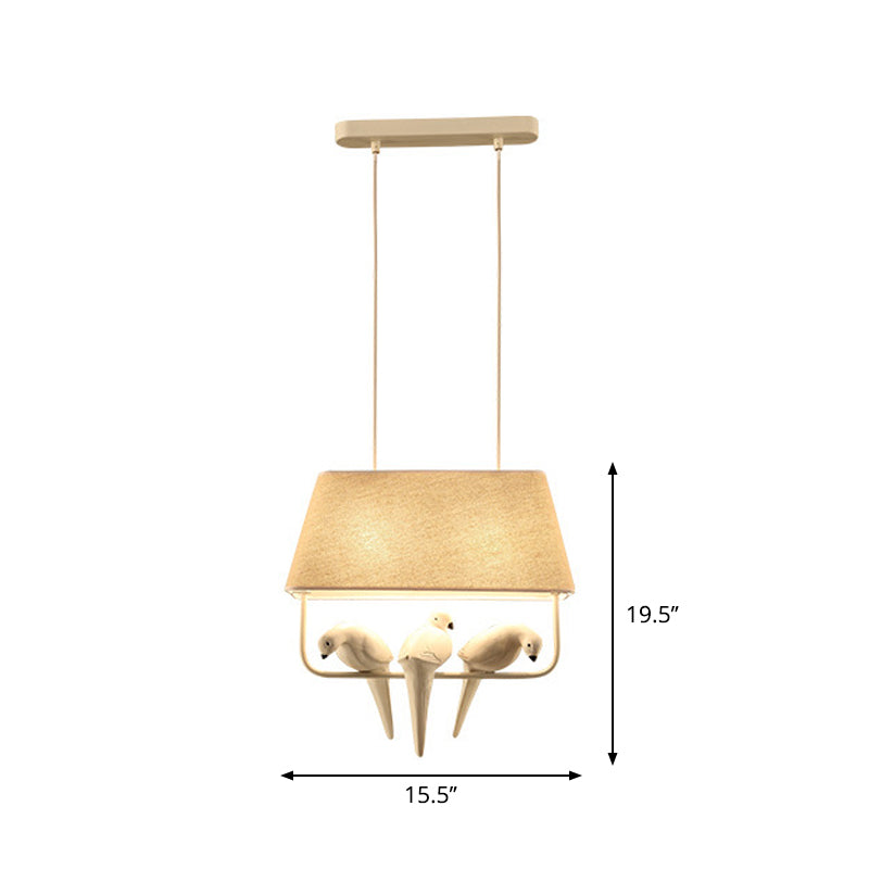 Trapezoid Fabric Pendant Light Traditional Dining Room Suspension Light Fixture with Resin Bird in Beige Clearhalo 'Ceiling Lights' 'Pendant Lights' 'Pendants' Lighting' 2246207