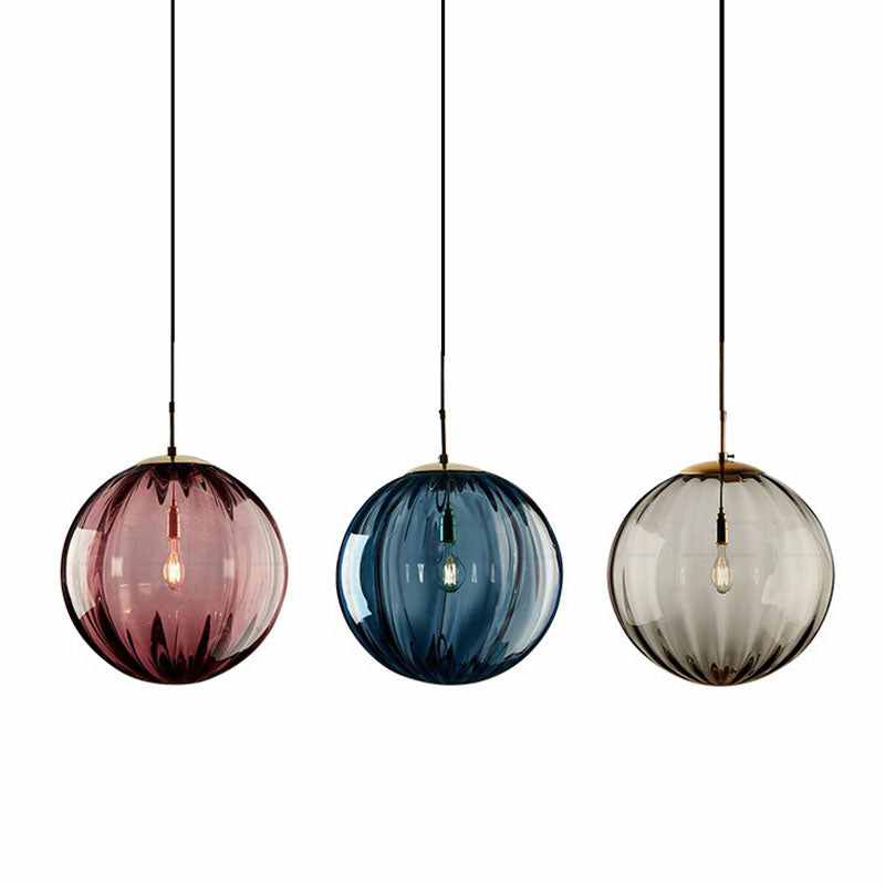 Modern Glass Pumpkin Ball Shaped Pendant 1-Light Hanging Light Fixture for Dining Room - Purple Blue Amber Smoke Gray