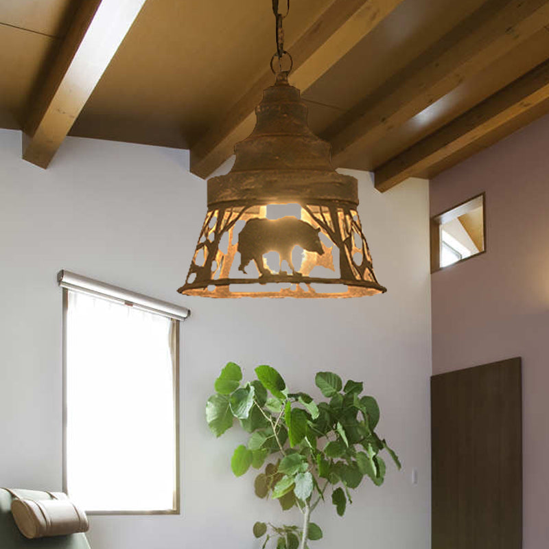 8"/12"/18" W Tapered Hanging Ceiling Light Country Metal Pendant Lighting with Animal Pattern - Rust Finish, 1/2 Lights for Restaurant