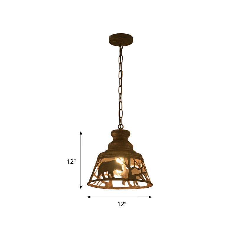 8"/12"/18" W Tapered Hanging Ceiling Light Country Metal Pendant Lighting with Animal Pattern - Rust Finish, 1/2 Lights for Restaurant