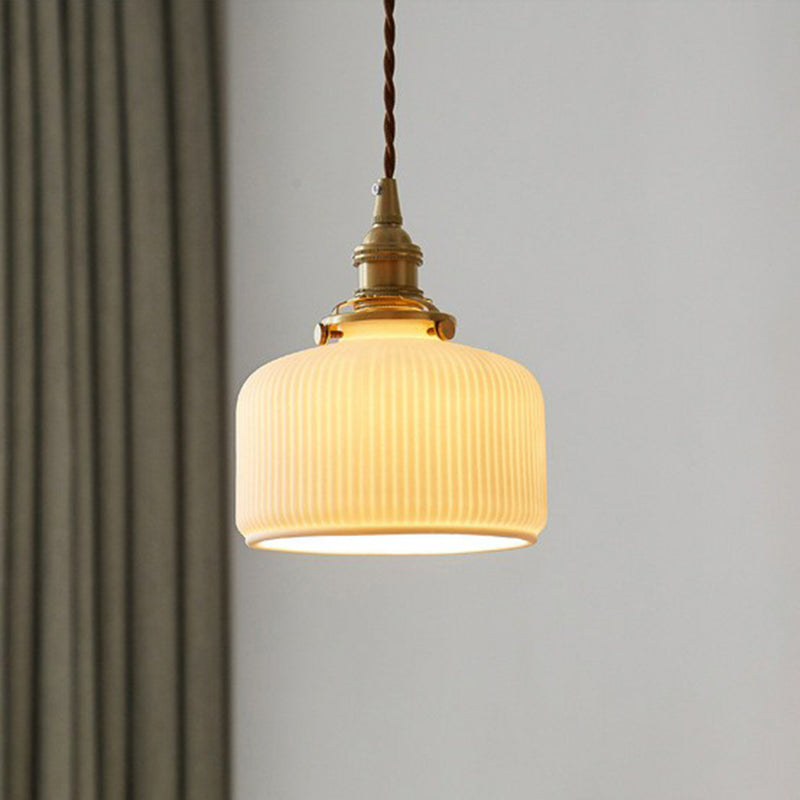 Taavita Retro Style Rounded Drum Pendant Ceiling Light - 1 Head Ceramic Suspension Lighting in Brass