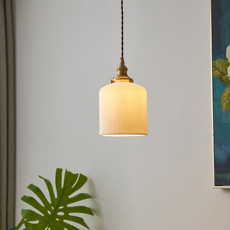 Taavita Retro Style Rounded Drum Pendant Ceiling Light - 1 Head Ceramic Suspension Lighting in Brass