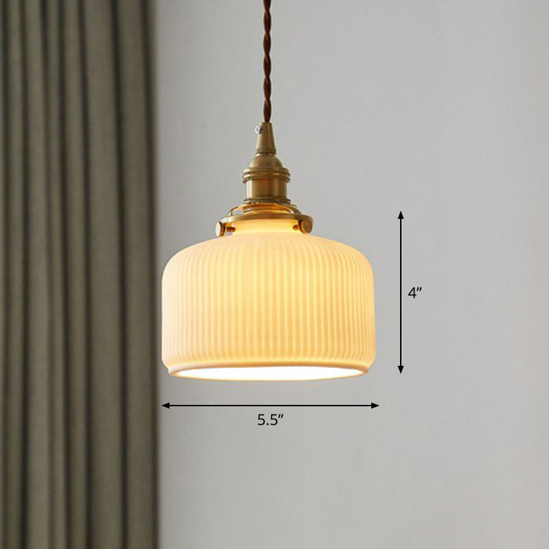 Taavita Retro Style Rounded Drum Pendant Ceiling Light - 1 Head Ceramic Suspension Lighting in Brass