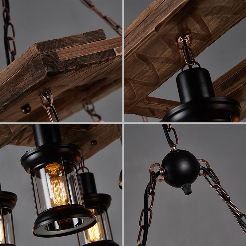 Wood 8-Light Island Ceiling Light Farmhouse Clear Glass Lantern Suspended Lighting Fixture Clearhalo 'Ceiling Lights' 'Island Lights' Lighting' 2290130