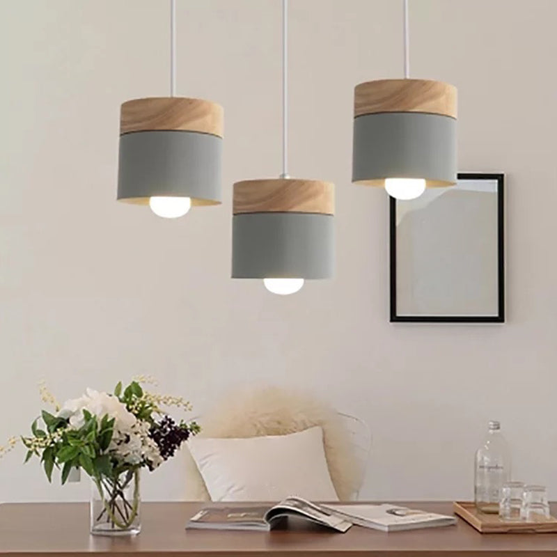 Minimalist 1-Light Cylindrical Metal Hanging Lamp Wood Pendant Light Fixture over Table