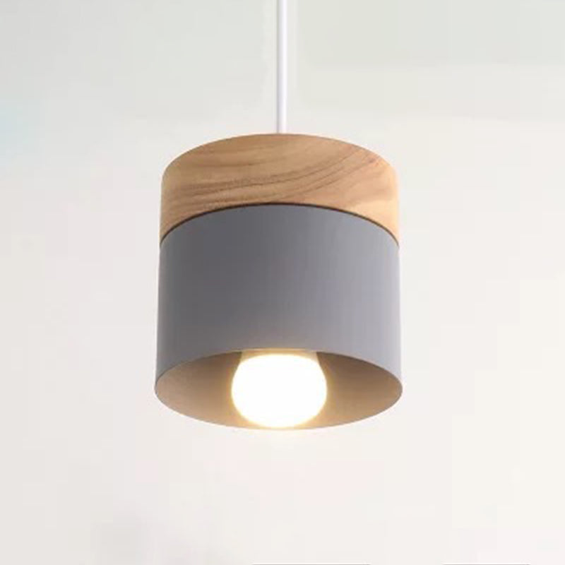 Minimalist 1-Light Cylindrical Metal Hanging Lamp Wood Pendant Light Fixture over Table