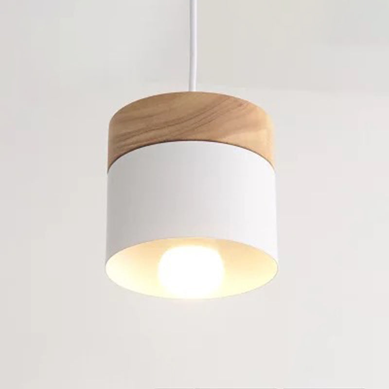 Minimalist 1-Light Cylindrical Metal Hanging Lamp Wood Pendant Light Fixture over Table