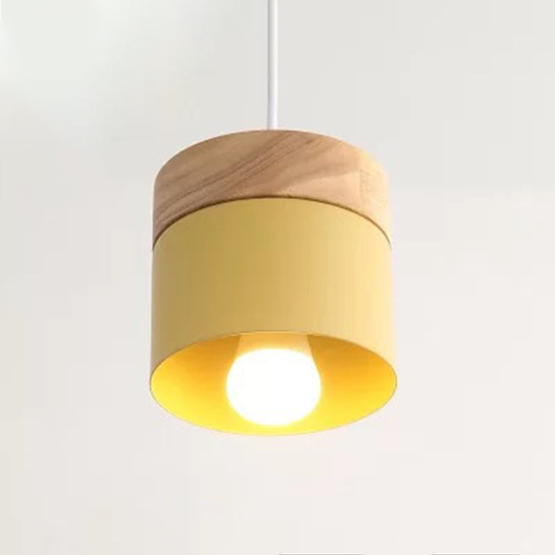 Minimalist 1-Light Cylindrical Metal Hanging Lamp Wood Pendant Light Fixture over Table