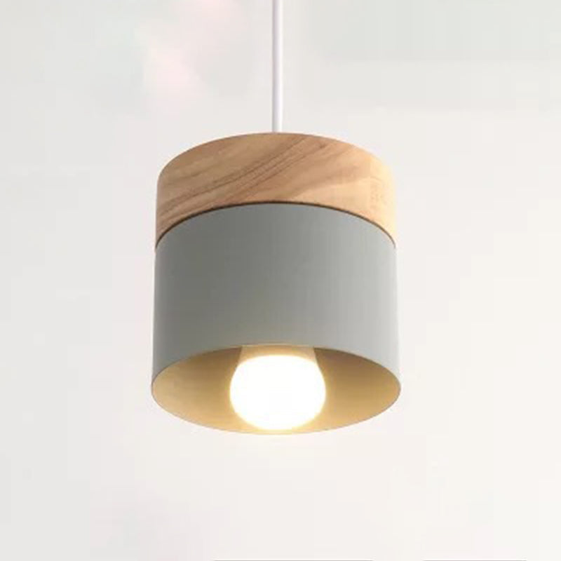 Minimalist 1-Light Cylindrical Metal Hanging Lamp Wood Pendant Light Fixture over Table