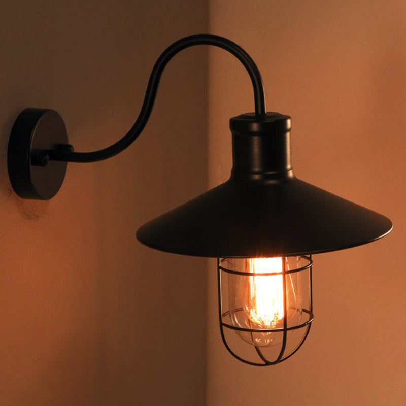 Industrial Conical Wall Lamp Metal 1 Head Gooseneck Wall Light with Cage