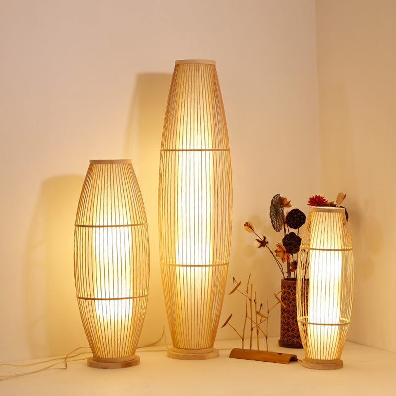 Taavita Living Room Floor Light Modern Wooden Standing Lamp with Oval Rattan Bamboo Cage Shade