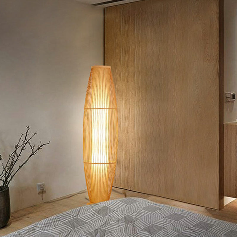 Taavita Living Room Floor Light Modern Wooden Standing Lamp with Oval Rattan Bamboo Cage Shade