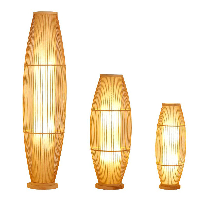 Taavita Living Room Floor Light Modern Wooden Standing Lamp with Oval Rattan Bamboo Cage Shade