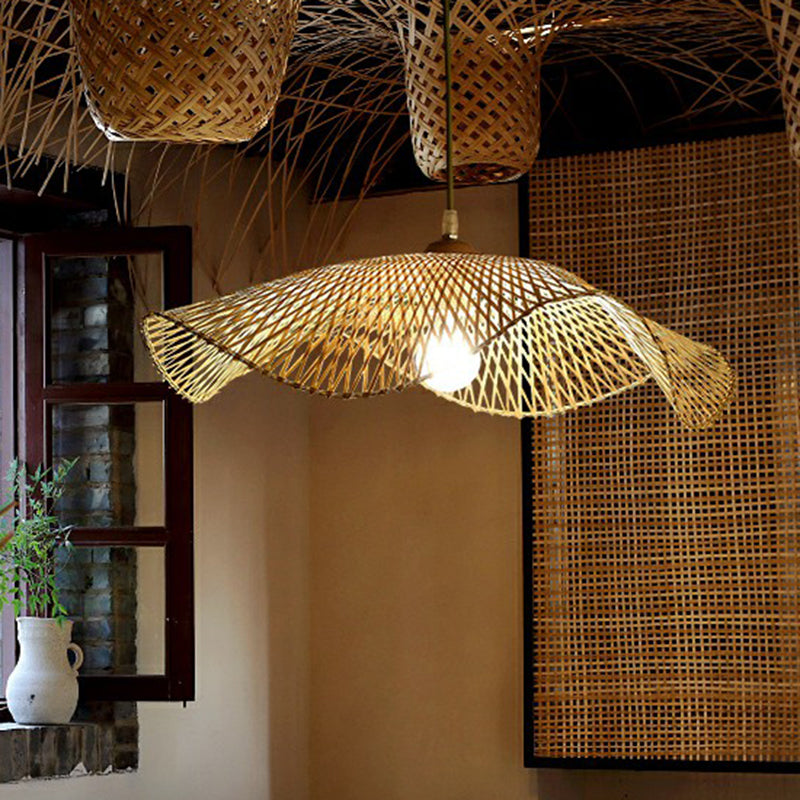 Taavita Leaf Shaped Bamboo Corridor Pendant Lamp 1-Light Modernist Suspension Light in Beige