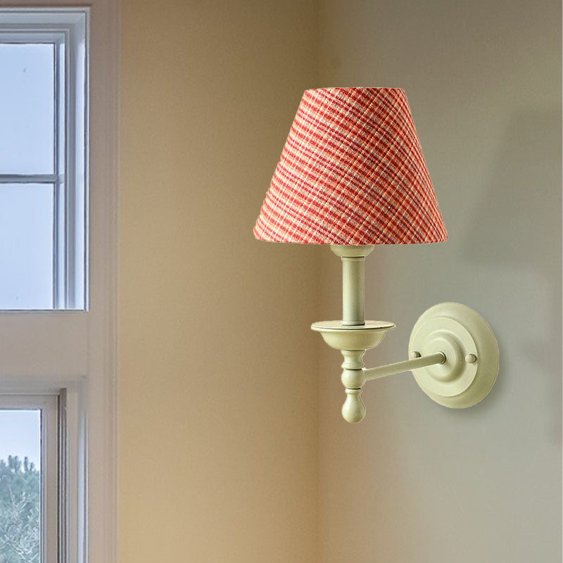 1 Bulb Cone Wall Lamp Vintage Style Red/Yellow/Blue Fabric Shade Wall Sconce for Dining Room Clearhalo 'Wall Lamps & Sconces' 'Wall Lights' Lighting' 231391