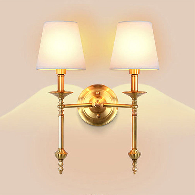 Brass Cone Wall Light Fixture Retro White Fabric Shade 1/2 Bulbs Dining Room Wall Sconce Lighting Clearhalo 'Wall Lamps & Sconces' 'Wall Lights' Lighting' 231631